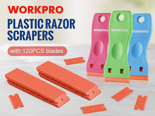WORKPRO Plastic Razor Blade Scraper Kit, 3 Scrapers with 120 Blades