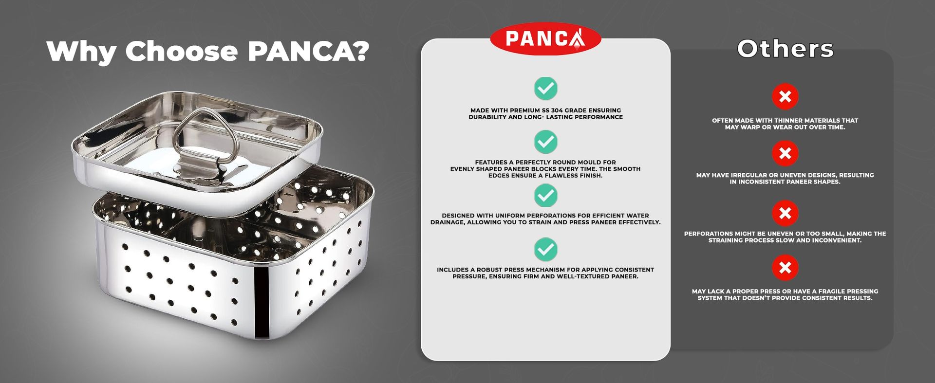 PANCA Stainless Steel Paneer Maker Mould Big Size, Paneer Press with Lid, Tofu Press Mould Maker, Whey Seperator (Square, 550ml Capacity)