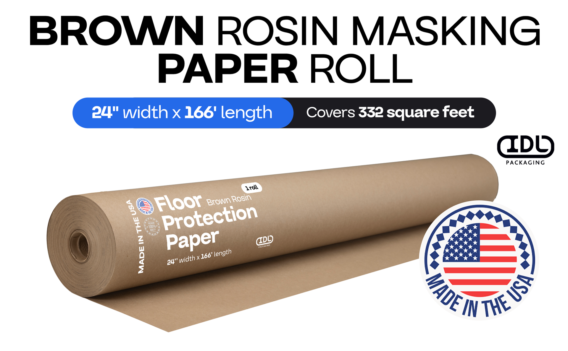 Brown Rosin Masking Paper 24" x 1992" (166 feet, 332 sq.ft.) – Thick Floor Covering (66 lb Thickness) - USA-Made Masking Paper for Painting and Construction, Surface Protection by IDL Packaging