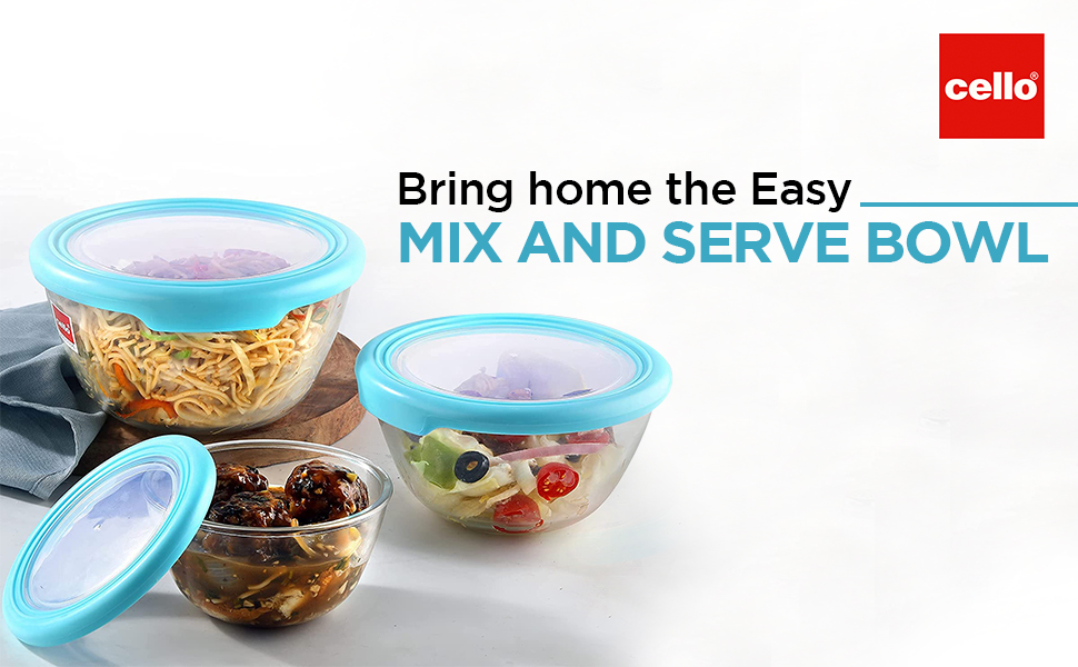 CELLO Ornella Round Glass Mixing Bowls for Kitchen with Lid Set of 2 Pieces, 500ml Transparent | Freezer & Fridge Safe, Microwave Oven & Dishwasher Safe Toughened Glass Bowl for Serving Mixing Dining