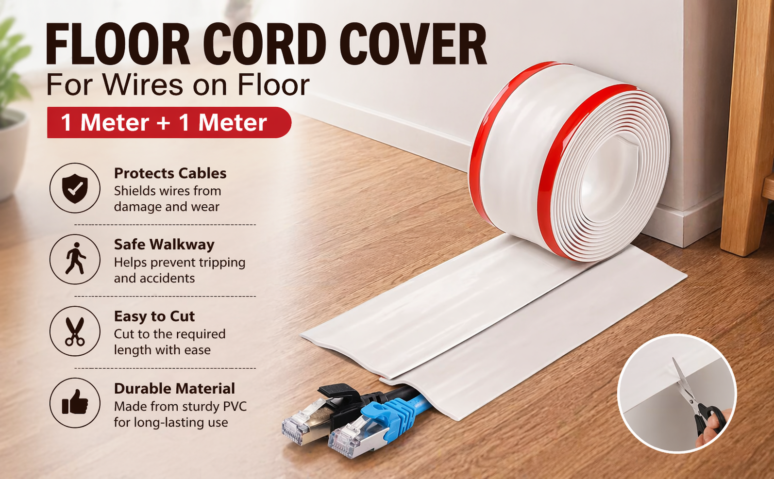 PVC Cord Cover | Floor Cord Cover | Self-Adhesive Floor Cord Hider | Flexible Cuttable Cable Protector for Wires, Reusable Cable Cover Protector | Cord Cover for Wall TV Extension Cables