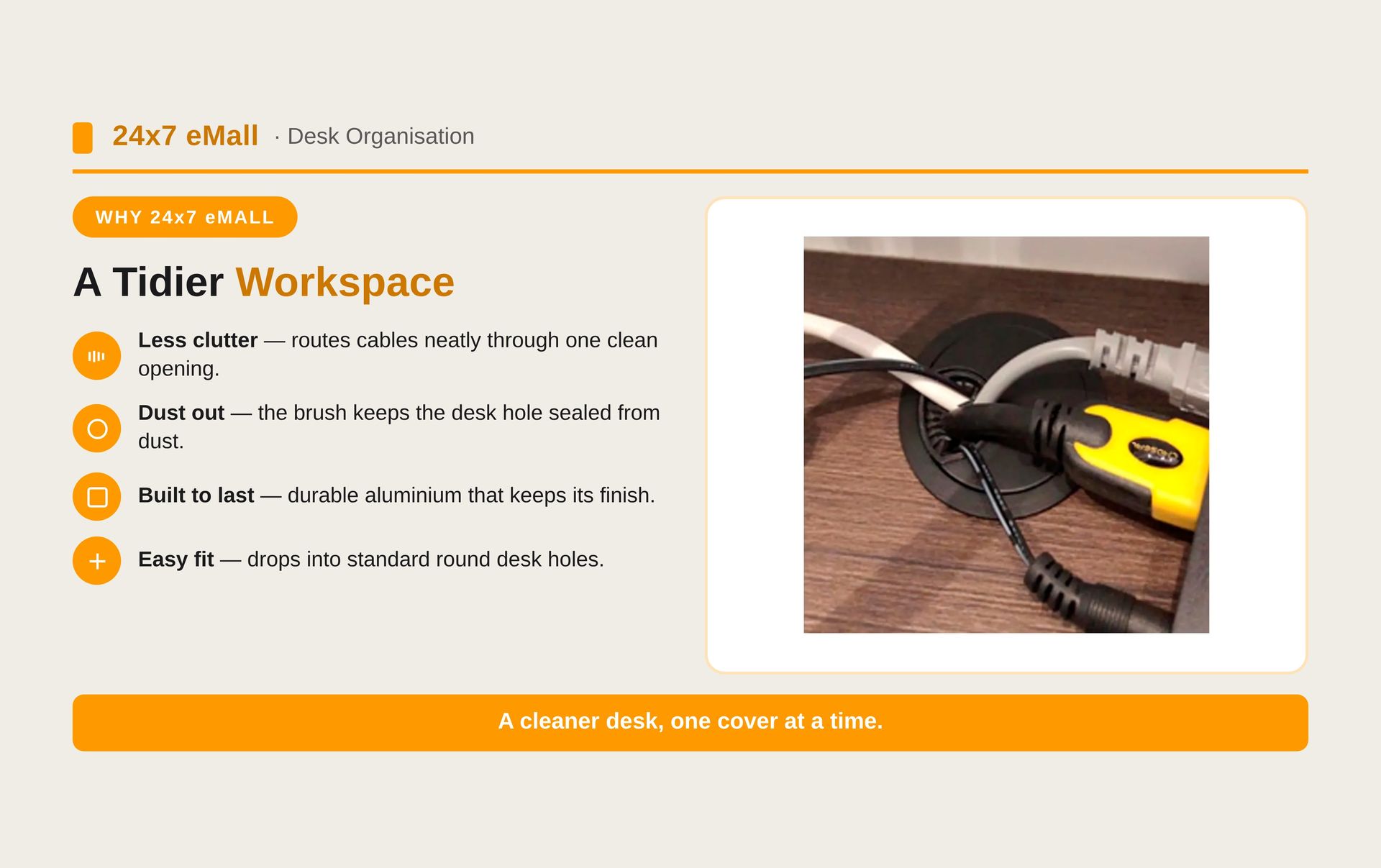 24x7 eMall Desk Cable Cover Round Grommet Aluminium 68 x 68 mm Black Metal