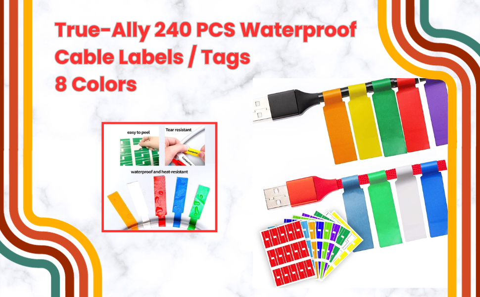 True-Ally 240 PCS Cable Labels, 8 Colors Waterproof Cable Tags Wire Labels for Cable Management, Cord Labels Can Write On, Self Adhesive Wire Labels Easy Handwriting. Cable Organiser