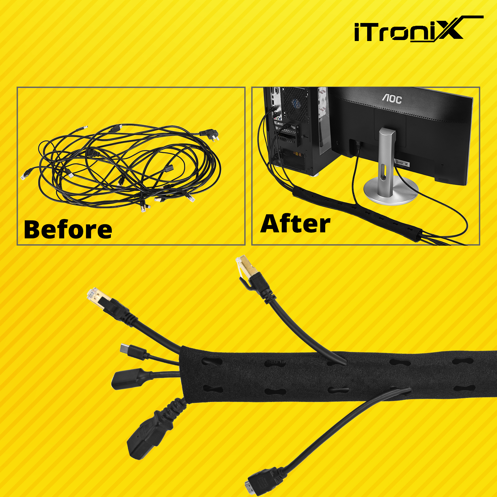 FLORICAN Cable Organiser Manager Cord Management System Sleeve for TV, Computer, Home Theatre, Speaker, Hdmi, Cables with Zipper (19 Inch / 48Cm) (Pack of 1)