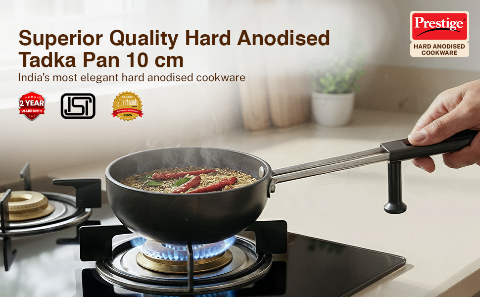 Prestige Hard Anodised Tadka Pan 10 cm | Stay Cool Handle | Built-in Stand | Metal Spoon Friendly | Base Thickness 3 mm | 2Y Warranty | ISI Certified