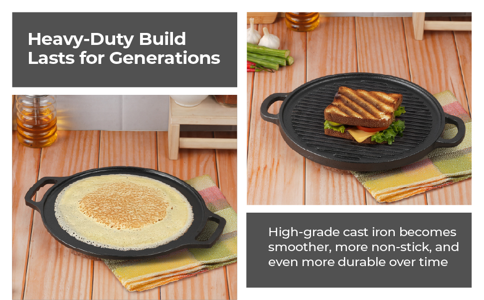 Lifelong Cast Iron 2-in-1 Dosa Tawa & Grill with Wooden Spatula (30cm) | Double-Sided Tawa/Pan for Roti, Dosa, Chapati, Fish & Steak | Naturally Nonstick, Gas & Induction Cookware | Reversible Cooking