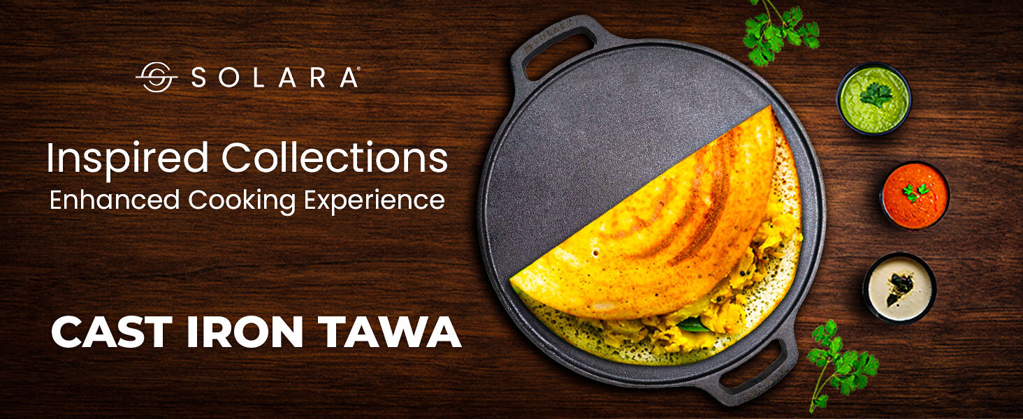SOLARA Cast Iron Tawa for Roti and Dosa 12 Inch, Pre-Seasoned Cookware