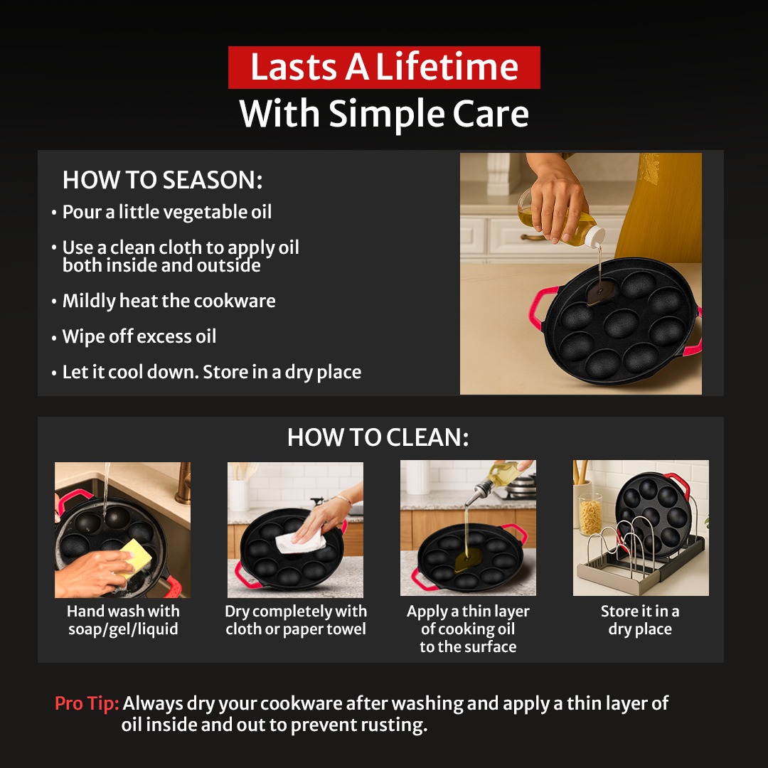 Pigeon Imperi Cast Iron Paniyaram/Appe Pan, 9 Pits, Free Silicone Grips, Pre-Seasoned,100% Toxin-Free, Naturally Nonstick, Paniyarakkal, Appam Patra, Paddu Maker,Strong & Durable, Gas & Induction