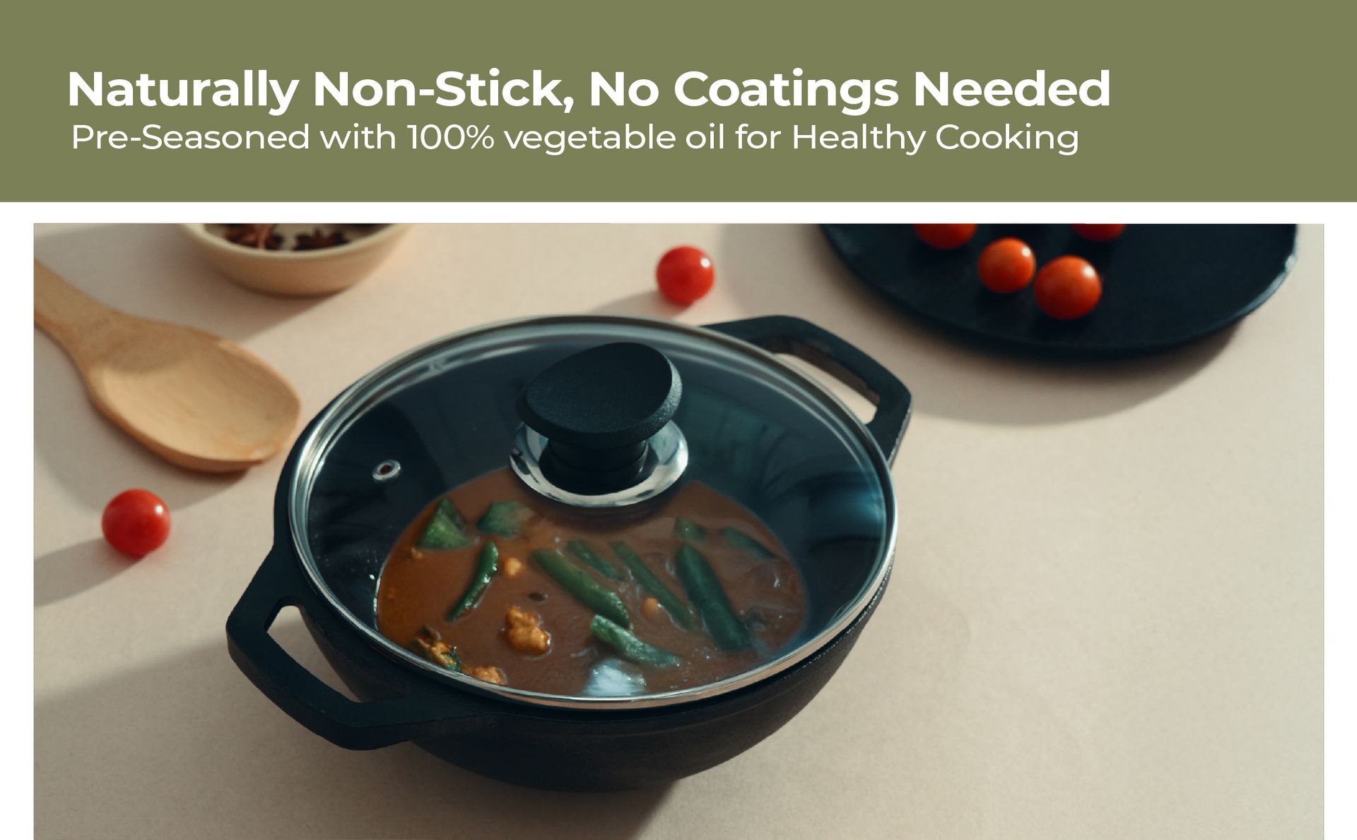 Lifelong Cast Iron Kadhai 24cm with Glass Lid & Wooden Spatula | 3.3L, 2.4kg | Pre-Seasoned, Even Heat Distribution, Toxin & Teflon Free, Non-Stick, & Durable | Gas & Induction Stovetop Compatible