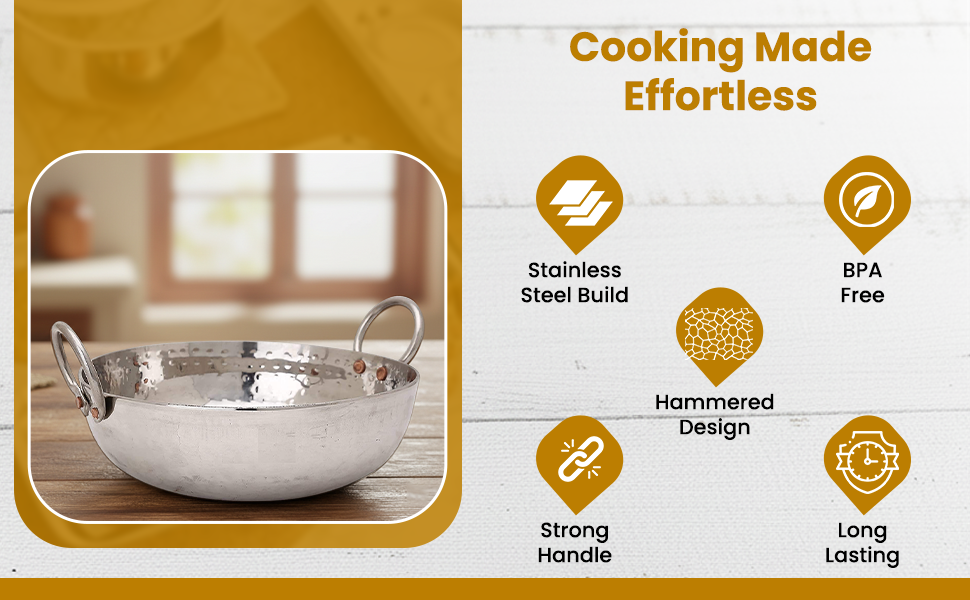 KC Sandwich Bottom Heavy Guage Stainless Steel Hammered Kadhai Cookware(1500 ML)
