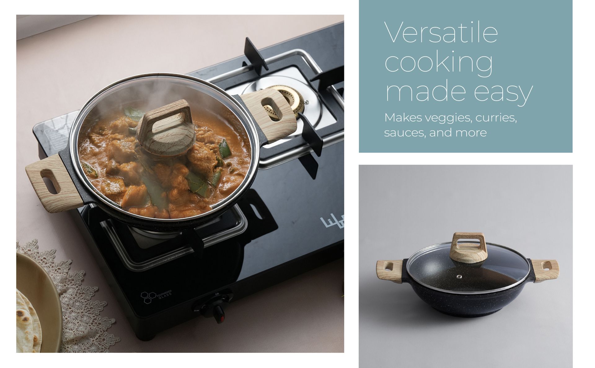 Lifelong Die-Cast Kadhai 24cm with Glass Lid & Wooden Spatula | 1.9L, 1.5Kg | Gas & Induction Compatible | Even Heat Distribution, Toxin & Teflon Free, Non-Stick, & Durable | Perfect for Cooking