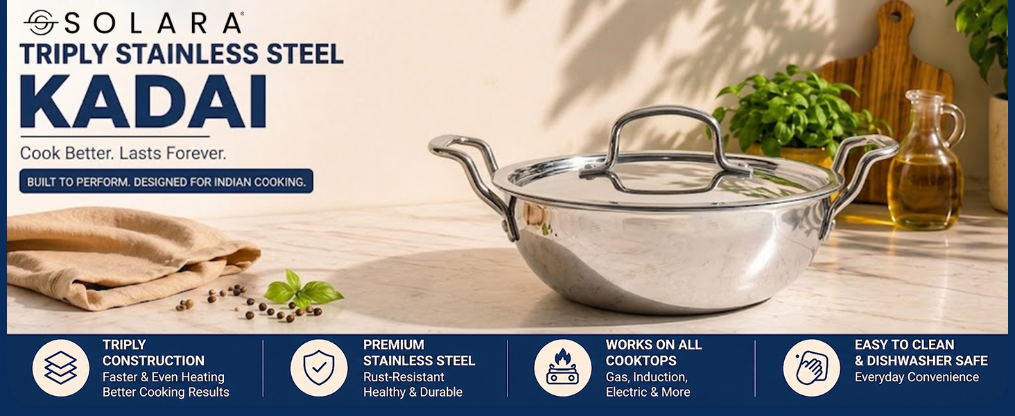 SOLARA Triply Stainless Steel Kadai with SS Lid 28 cm, Tri Ply SS Kadhai, Heavy Bottom Induction Base Cookware, Stainless Steel Cooking Pot for Frying, Sauteing, Curry