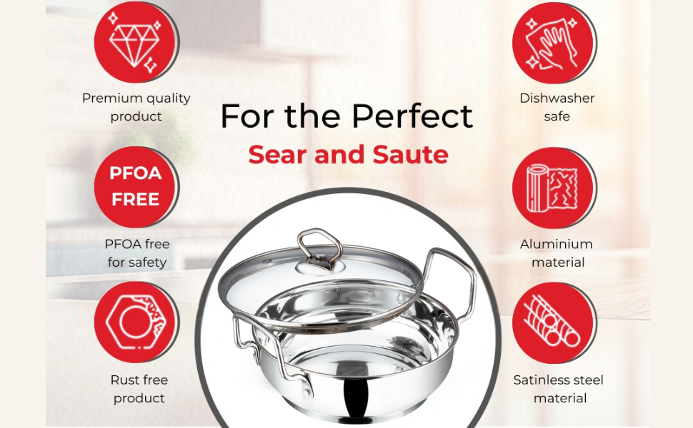 Vinod Stainless Steel Kadhai with Glass Lid 20 cm (1.7 Litre) | Extra Thick SAS Heavy Bottom Cookware | Induction & Gas Stove Compatible | Silver | 2 Years Warranty
