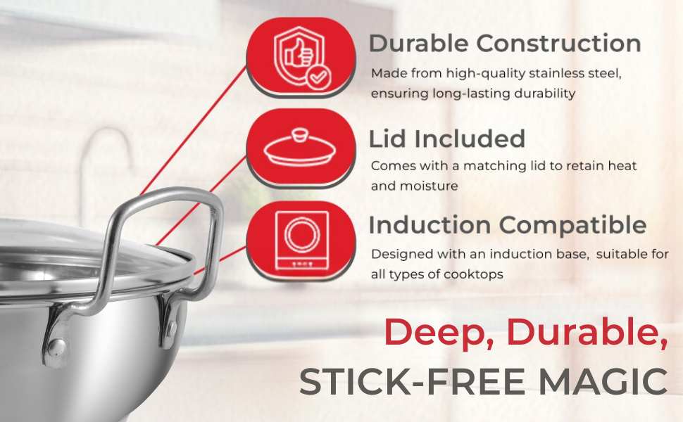 Vinod Stainless Steel Kadhai with Glass Lid 20 cm (1.7 Litre) | Extra Thick SAS Heavy Bottom Cookware | Induction & Gas Stove Compatible | Silver | 2 Years Warranty