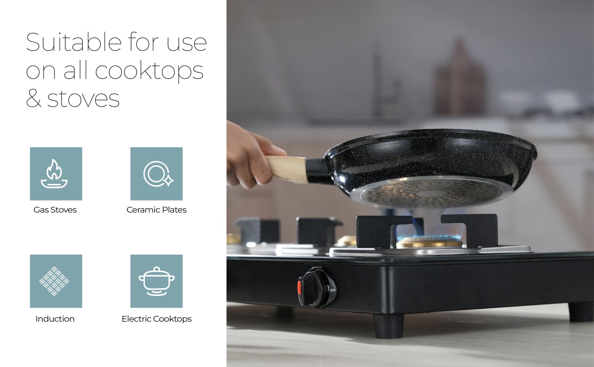 Lifelong Die-Cast Fry Pan 24cm with Glass Lid & Wooden Spatula | 1.3Ltr, 0.75kg Pan | Gas Stove and Induction Friendly | Non-Stick Pre-Seasoned 100% Toxin & Teflon Free & Durable | Skillet for Cooking