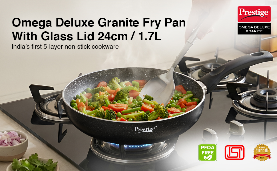 Prestige Omega Deluxe 24cm Granite Fry Pan with Glass lid|Gas & Induction Compatible | 5 Layers Non-Stick Cookware | Dishwasher Compatible