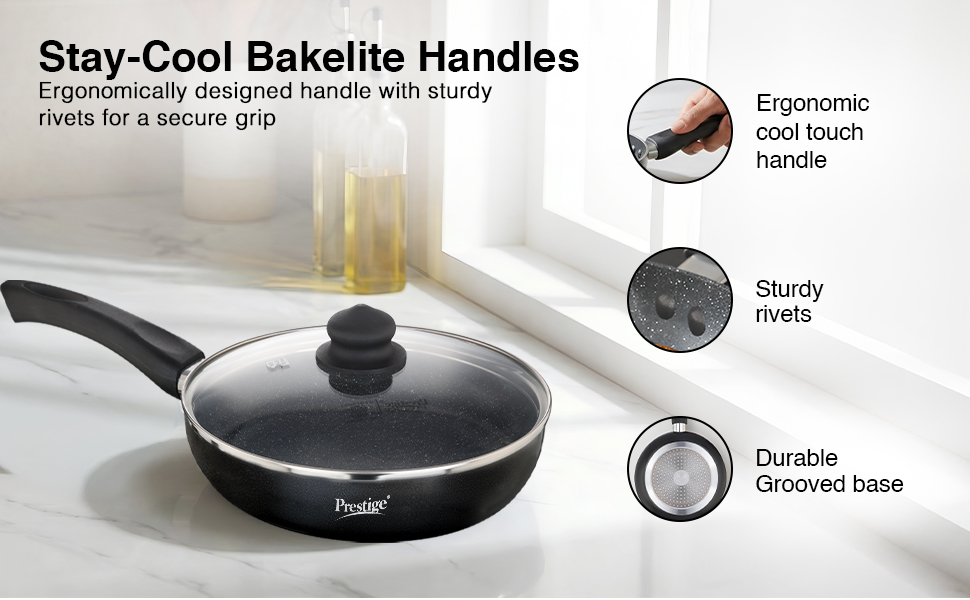 Prestige Omega Deluxe 24cm Granite Fry Pan with Glass lid|Gas & Induction Compatible | 5 Layers Non-Stick Cookware | Dishwasher Compatible