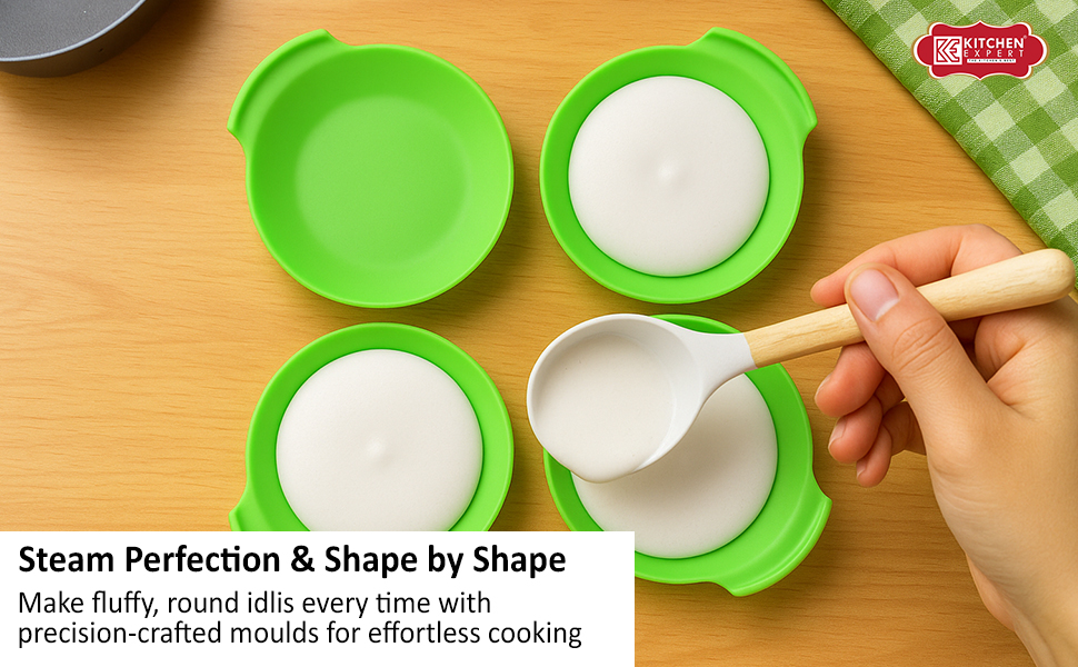 Kitchen Expert Silicone Idli Moulds | 8Pc | Non-Stick Idly Maker | BPA- Free | Food Grade Silicone | Liners | No Greasing | Oven & Microwave Suitable | Dishwasher Safe | Multipurpose | Green