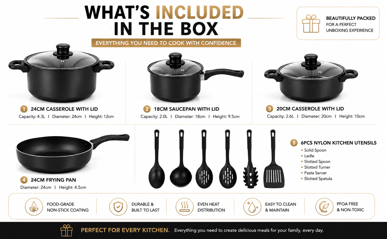 13pcs Non-Stick Iron Kitchen Cookware Set with Lids – Includes 1Pc Frying Pan, 2Pcs Casserole, 1Pc Sause Pan with 3 Lids & 6Pcs Ladle Set Induction Safe – Nylon Utensils – Beginner Cooking Set