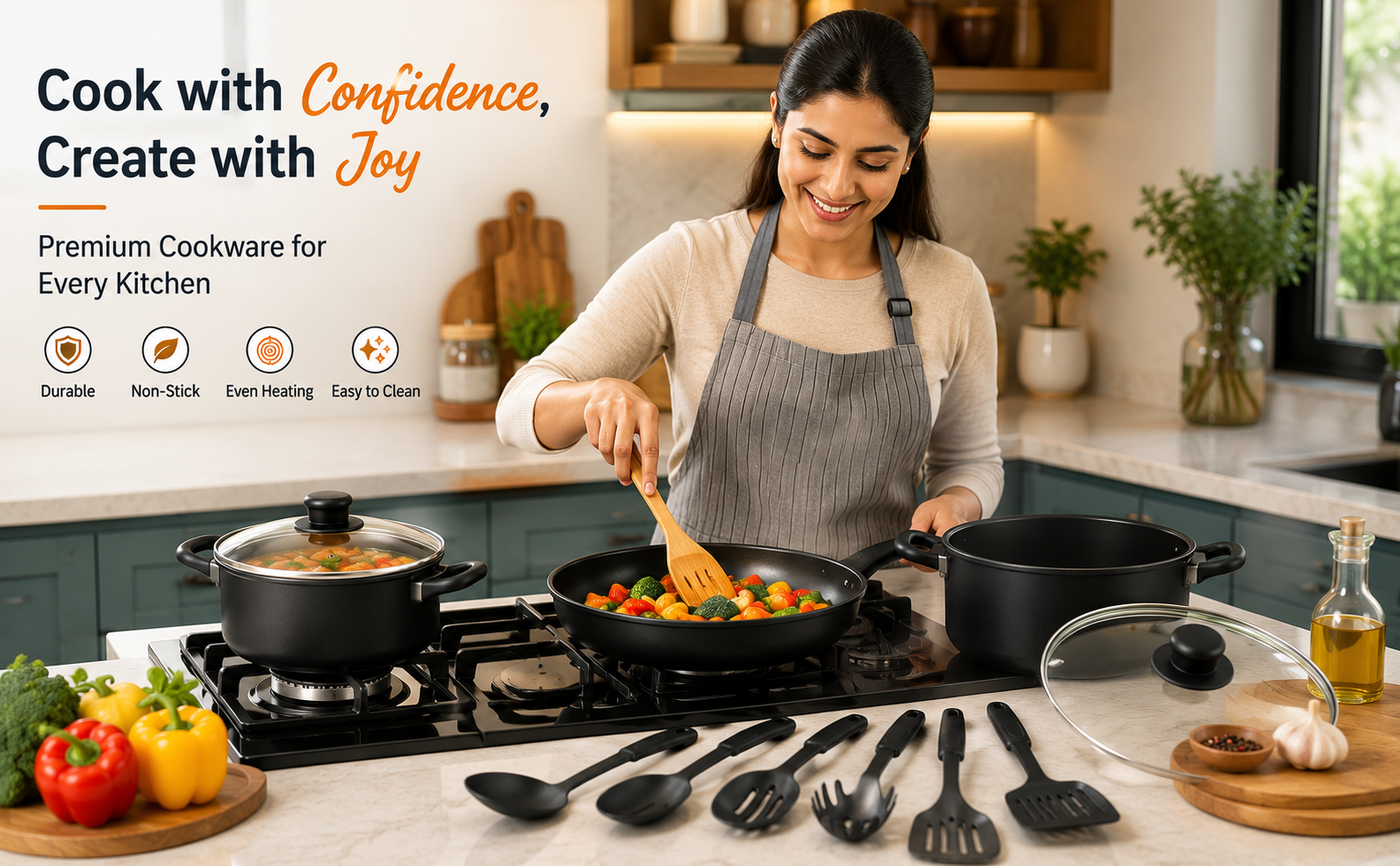 13pcs Non-Stick Iron Kitchen Cookware Set with Lids – Includes 1Pc Frying Pan, 2Pcs Casserole, 1Pc Sause Pan with 3 Lids & 6Pcs Ladle Set Induction Safe – Nylon Utensils – Beginner Cooking Set