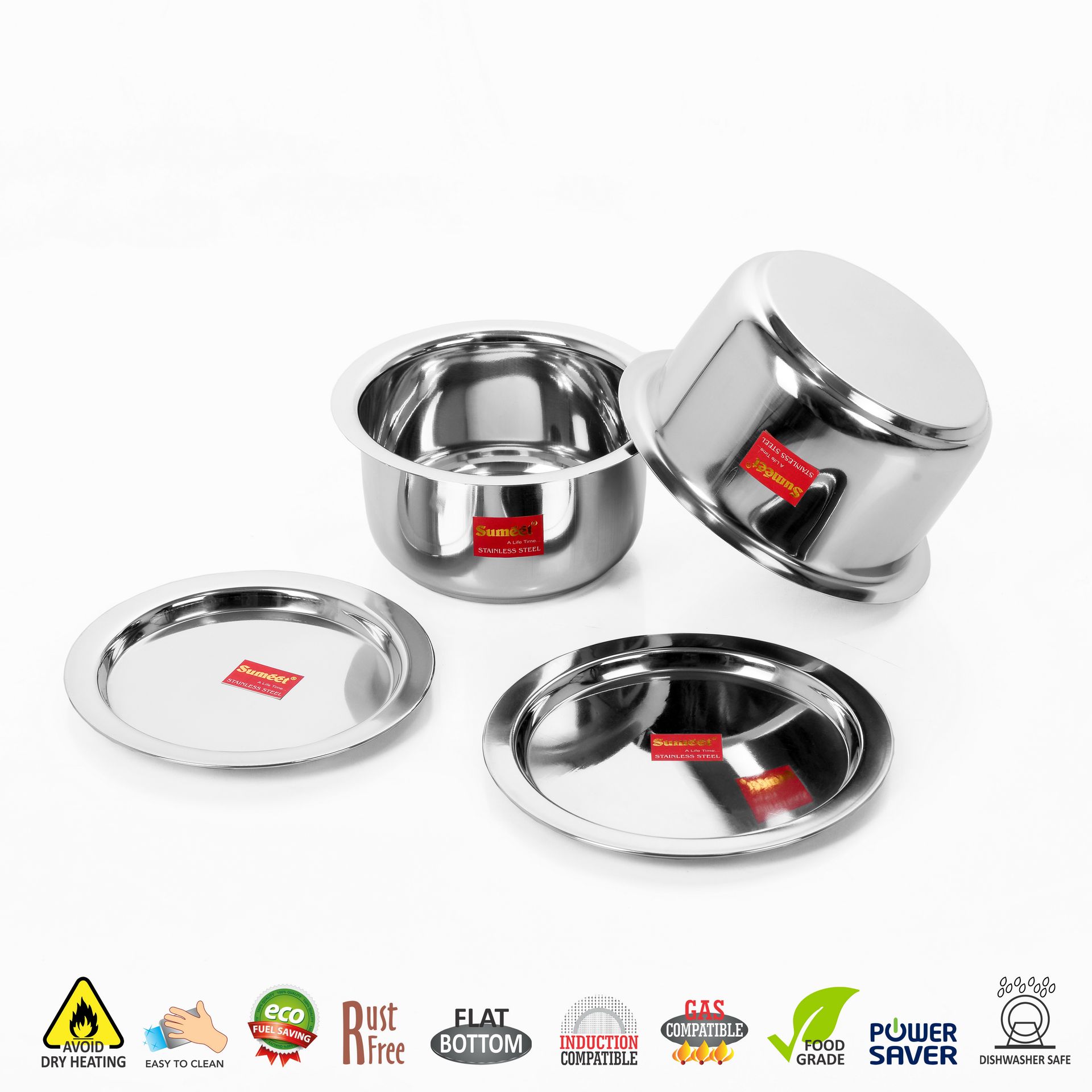 Sumeet 2 Pcs Stainless Steel Induction & Gas Stove Friendly Container Set/Tope/Cookware Set with Lids - Size No.13 & No.14