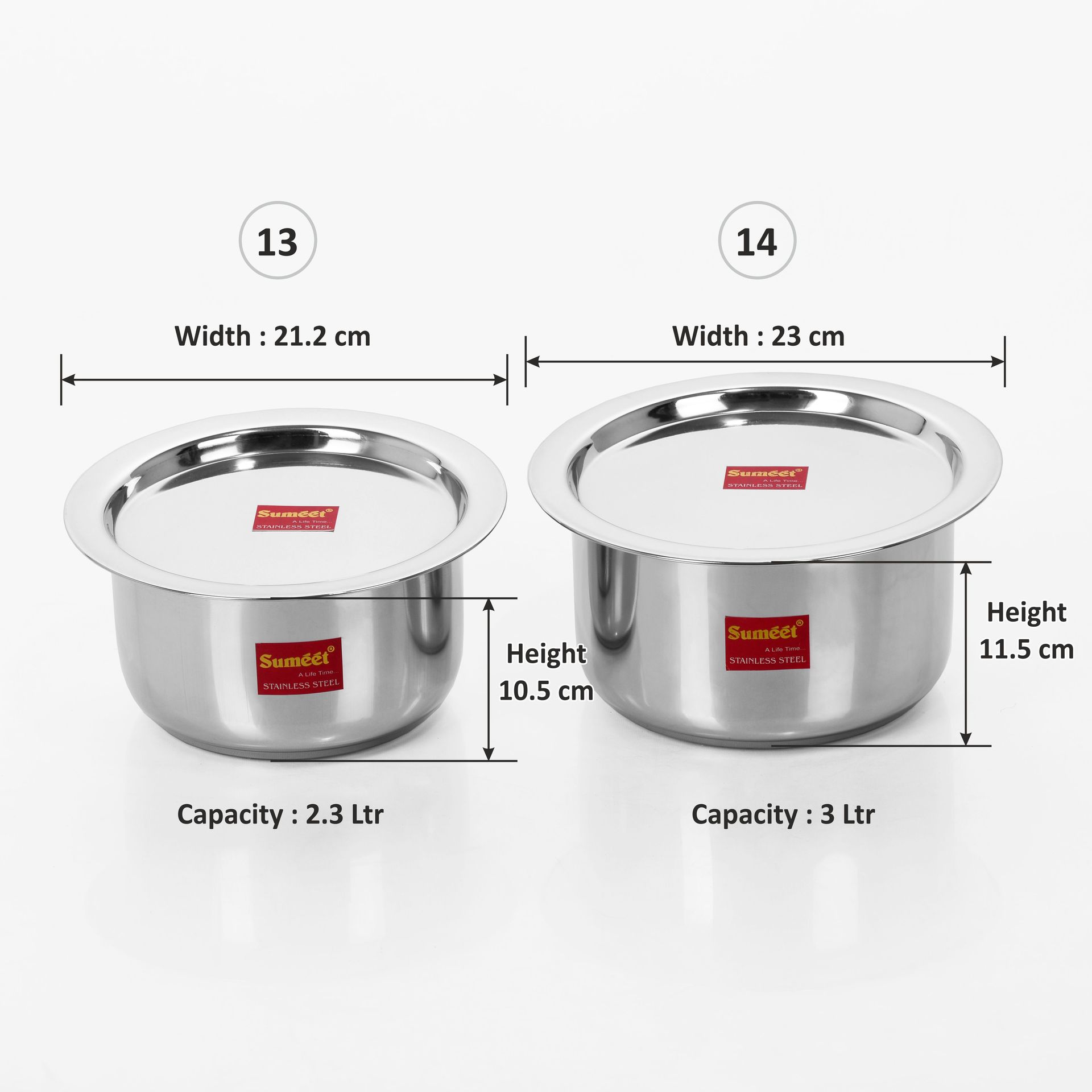 Sumeet 2 Pcs Stainless Steel Induction & Gas Stove Friendly Container Set/Tope/Cookware Set with Lids - Size No.13 & No.14