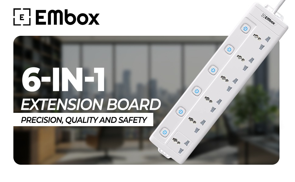EMBOX Extension Board with Switches 2500W, 6 Universal Sockets, Individual Switch, Safety Shutter Spike Guard, LED Indicator, 2 Meter Extension Cord