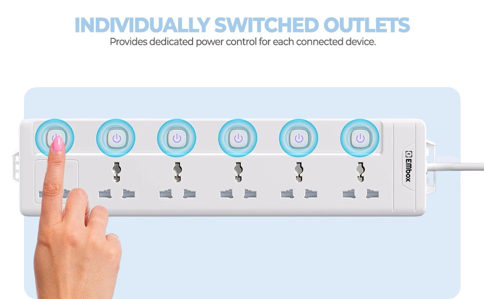 EMBOX Extension Board with Switches 2500W, 6 Universal Sockets, Individual Switch, Safety Shutter Spike Guard, LED Indicator, 2 Meter Extension Cord