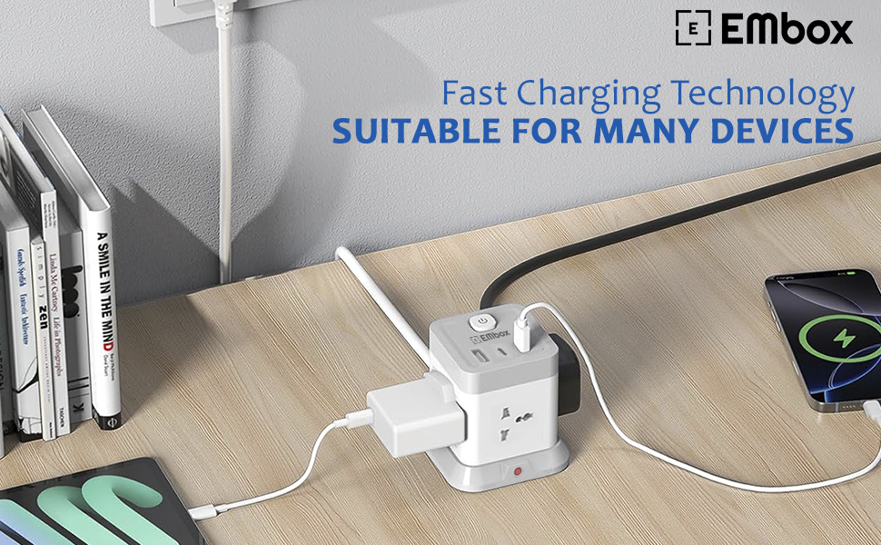EMBOX Cube Extension Board with USB Type C (2.4 A) (QC 3.0) | 2500W Heavy Duty Extension Board with Switches | Extension Cord with Universal Sockets Safety Shutter & Overload Protector, 2 Meter
