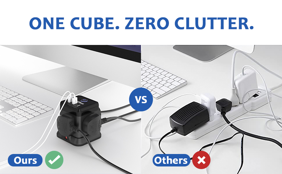EMBOX Cube Extension Board with USB Type C (2.4 A) (QC 3.0) | 2500W Heavy Duty Extension Board with Switches | Extension Cord with Universal Sockets Safety Shutter & Overload Protector, 2 Meter