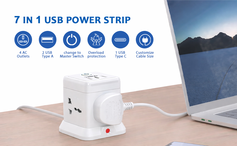 EMBOX Cube Extension Board with USB Type C (2.4 A) (QC 3.0) | 2500W Heavy Duty Extension Board with Switches | Extension Cord with Universal Sockets Safety Shutter & Overload Protector, 2 Meter