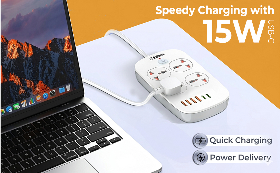 Embox Extension Board 5 Meter Cable with USB Type C | Extension Board with Switches Spike Guard 4 Universal Sockets Extension Cord | Safety Shutter LED Indicator-2500W