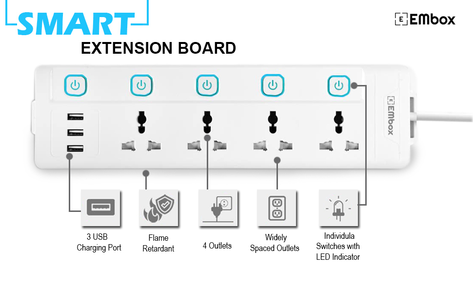 EMBOX Extension Board with USB (2.4 A)| Extension Board with Switches Spike Guard | Universal Sockets, LED Indicator 2500W, 2 Meter Extension Cord