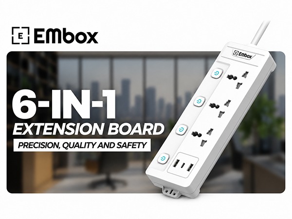 EMBOX Extension Board with USB Type C| Extension Board with Switches 3 Universal Sockets Spike Guard | LED Indicator 2500W Extension Cord (2-mtr)