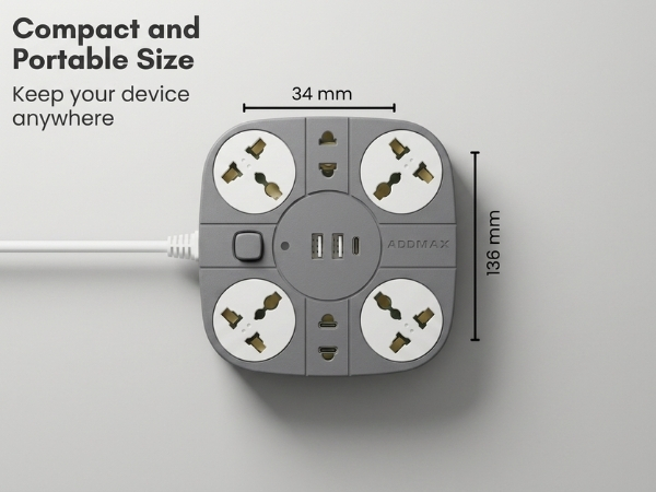 ADDMAX Extension Board with USB | 6 Power Sockets, 2 USB Ports + 1 Type-C Port | 10 Meter Heavy Duty Cord | 10A 220V Multi Plug Extension Cord | Fireproof Power Strip for Home, Office & Laptop – Grey