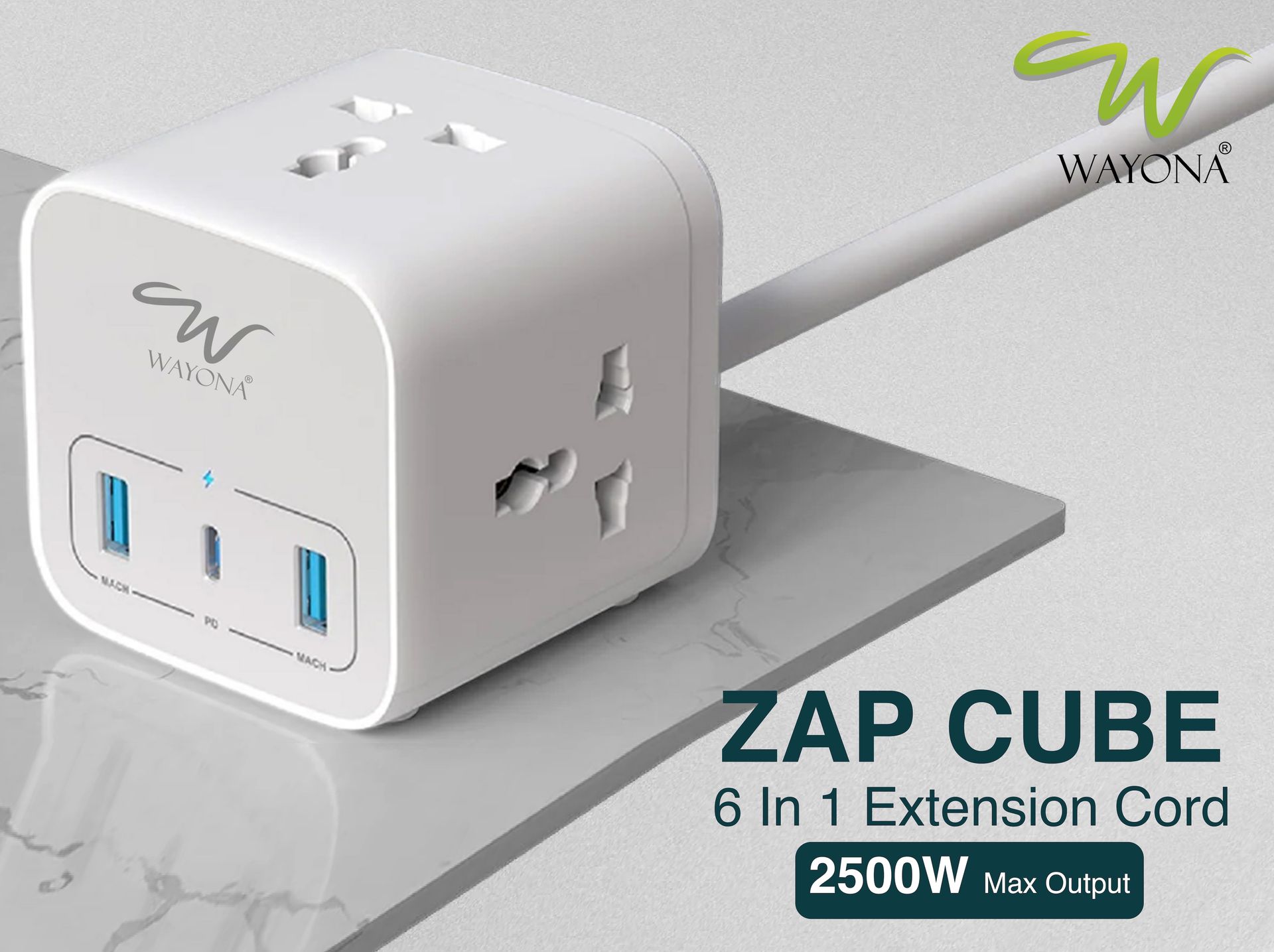 Wayona Power Strip Cube with 3 Universal Sockets PD USB C 20W and USB A Multiplug Extension Board