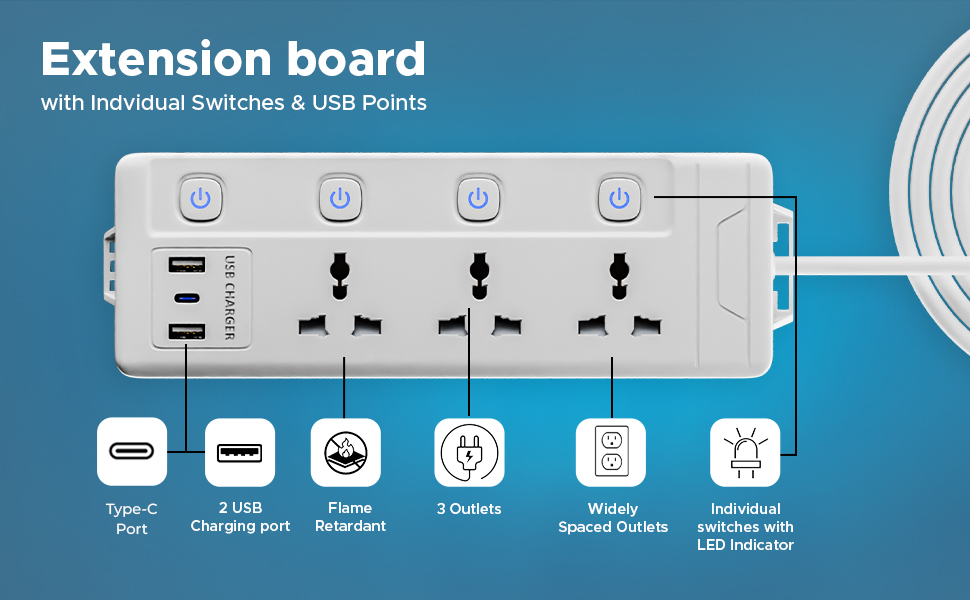 Lapcare Smart Surge Protector with Individual Switch, 250 Volts Extension Board, 3AC Socket 2500W, PD 20w & 2xUSB, 1.5M Copper Cord, Overload Protection, Safety Shutter, Durable PP Body