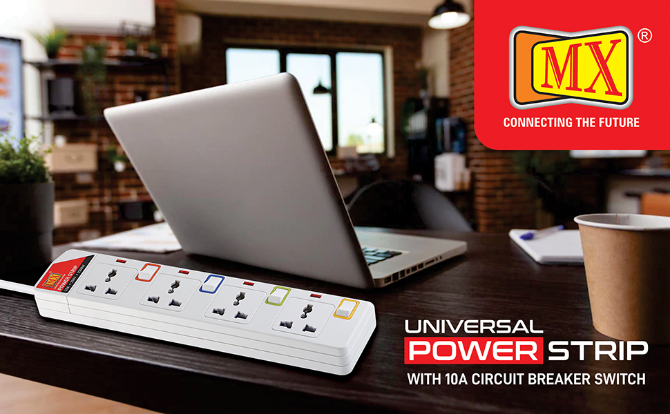 MX 4‑Way Power Strip with Universal Sockets, Individual Switches, 2 USB Charging Ports, Heavy Duty Surge Protector with Extension Cord, Multi Outlet Power Strip, Outlet Extender
