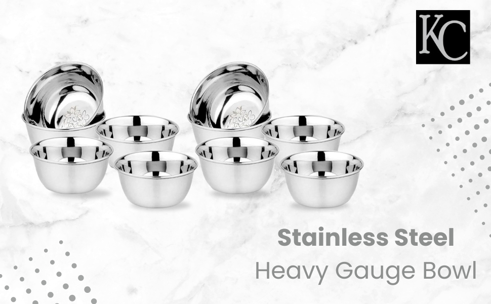 KC Stainless Steel Heavy Gauge Bowl/Wati Set With Mirror Finish And Flower Printed Design [10.5 Cm, Set Of 6 Piece], 200 ML