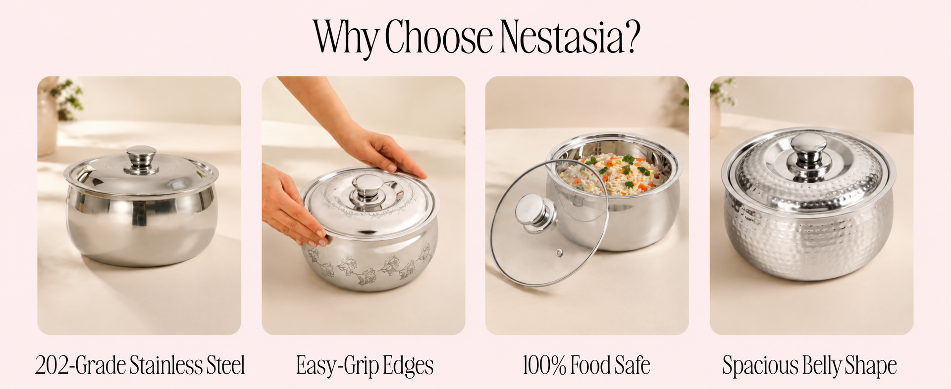 Nestasia Stainless Steel Insulated Casserole with Glass Lid (1000 ml) - 100% Food Safe Casserole for Roti Hot Case with Air Vent Lid - Keeps Food Hot & Cold | Rust Resistant & BPA - Free