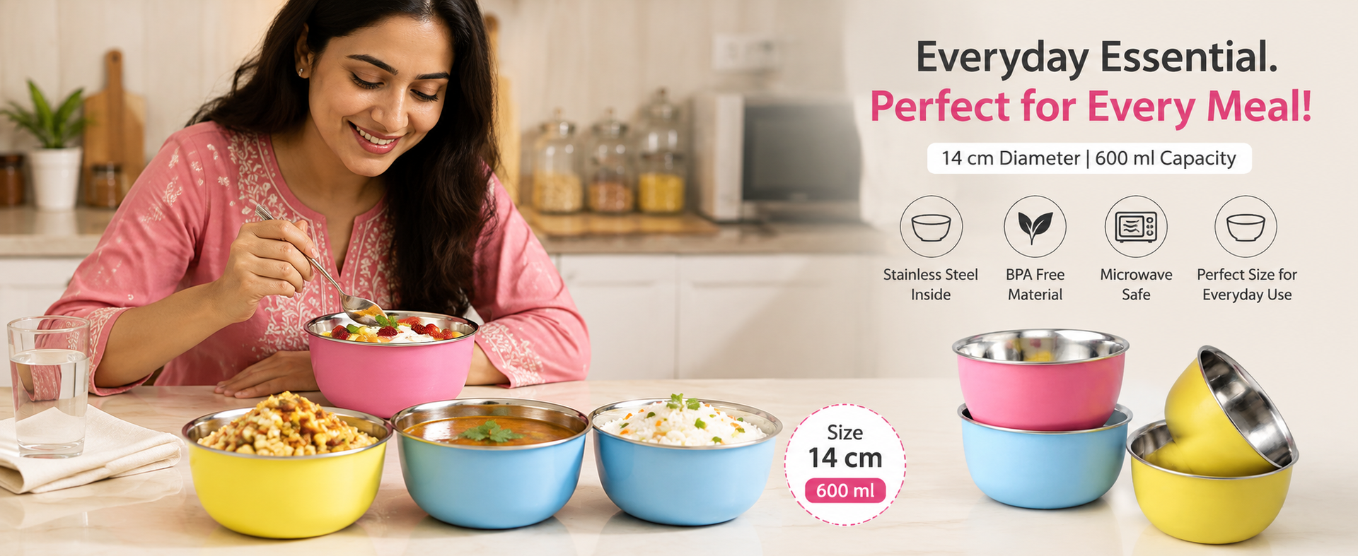 Zaib Stainless Steel Microwave Safe Bowls, 6 Pcs, Multicolor, 14 cm