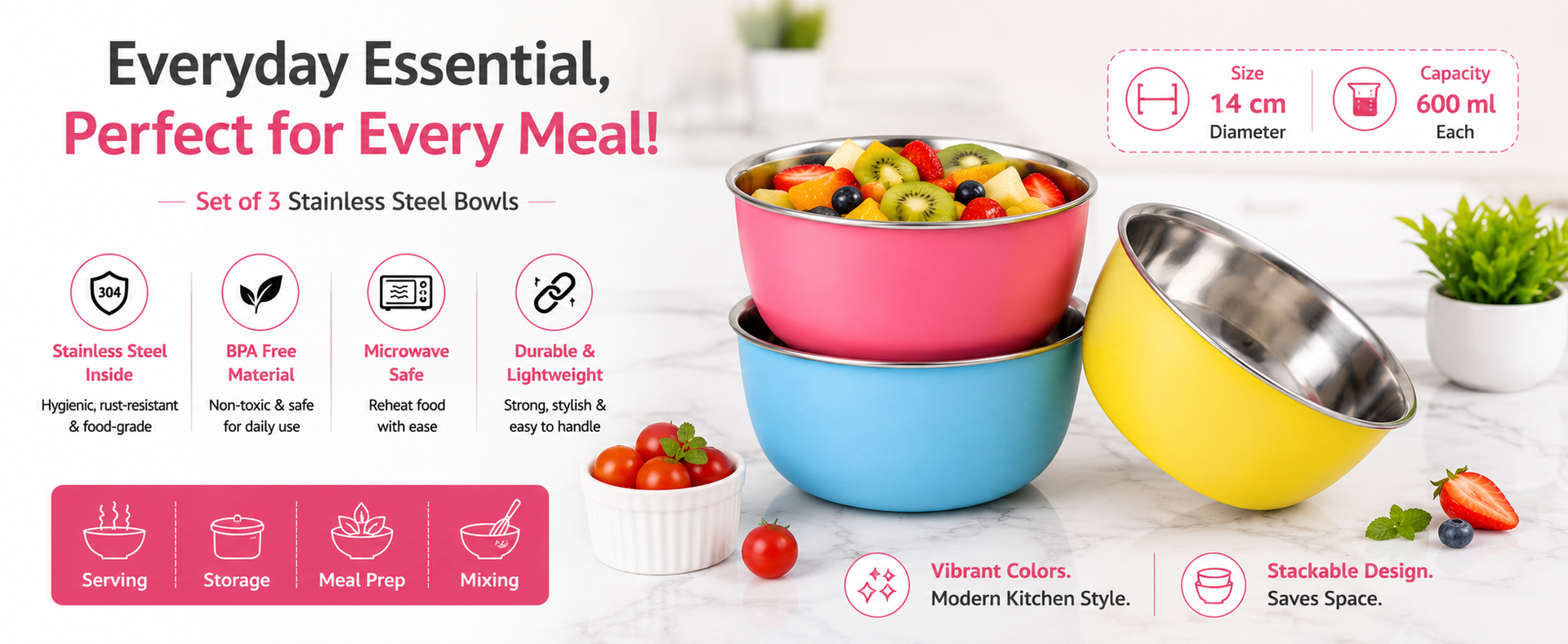 Zaib Stainless Steel Microwave Safe Bowls, 6 Pcs, Multicolor, 14 cm