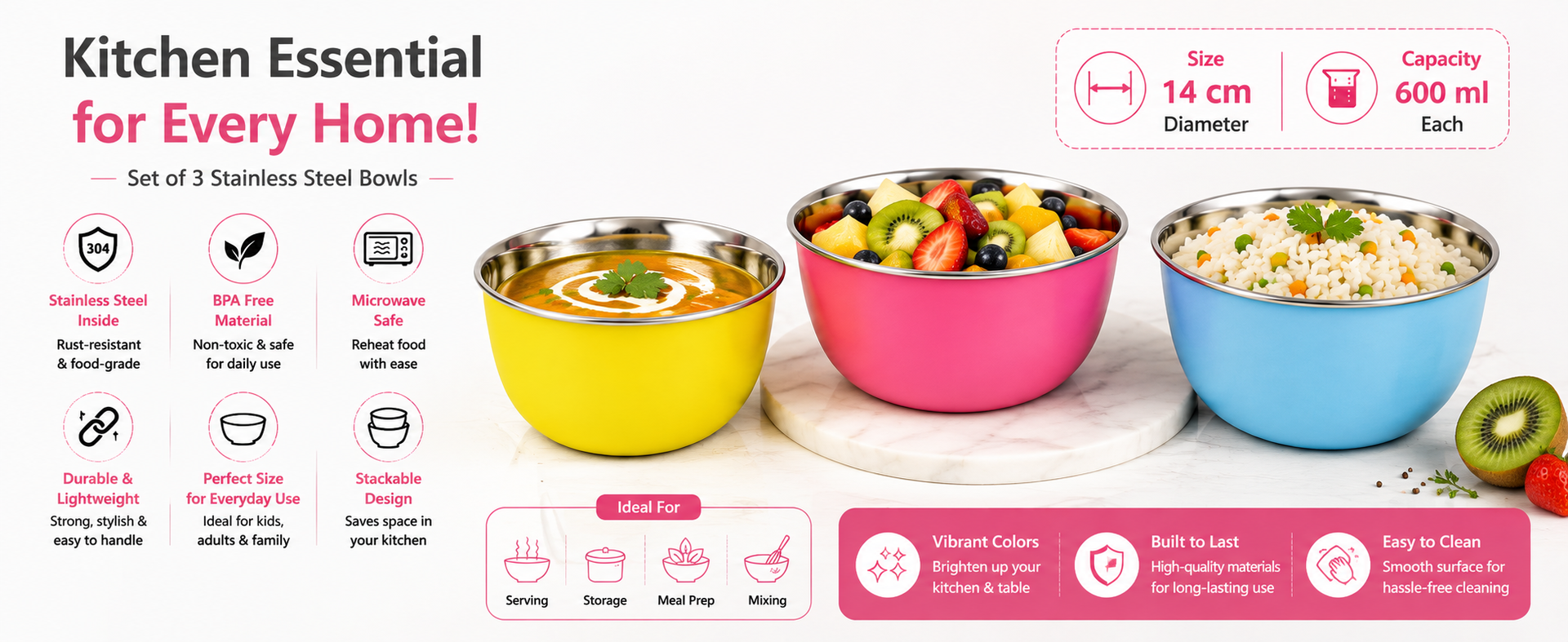 Zaib Stainless Steel Microwave Safe Bowls, 6 Pcs, Multicolor, 14 cm