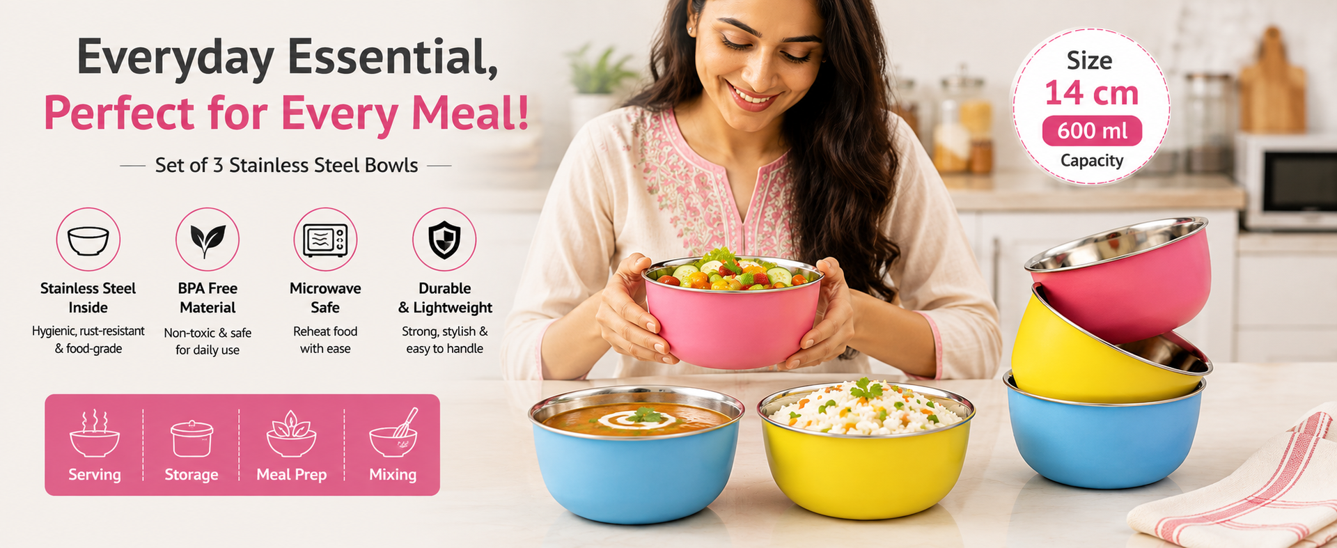 Zaib Stainless Steel Microwave Safe Bowls, 6 Pcs, Multicolor, 14 cm