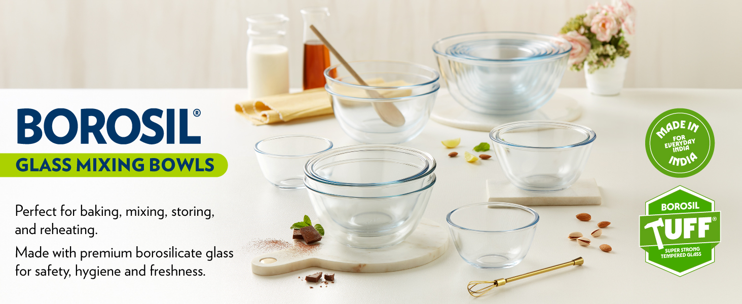 Borosil 500ml (2pc) Serving & Mixing Bowl with Lid Set | Made in India Borosilicate Glass Bowl for Kitchen & Dinning | Bowl for Mixing Dough, Salad, Batter | Microwave & Dishwasher Safe | Transparent