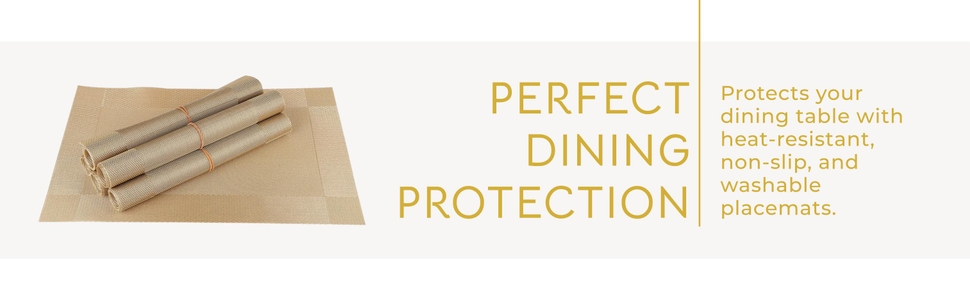 P-Plus International Placemats Set of 6 Dining Table Place Mats | Placemats Table Mat PVC Material | Non-Slip Heat Resistant | Dining Tablemates Washable Anti-Skid | Size 45 x 30cm (Gold) Vinyl