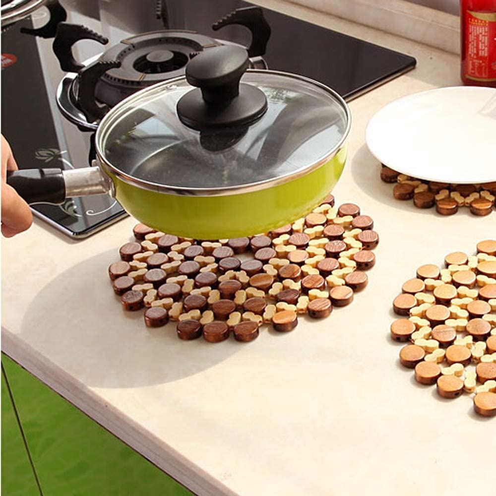 2 Pieces Flower Shape Bamboo Wood Coasters Heat Insulation Pad/Table Mats Placemats for Big Pans Pots - Brown