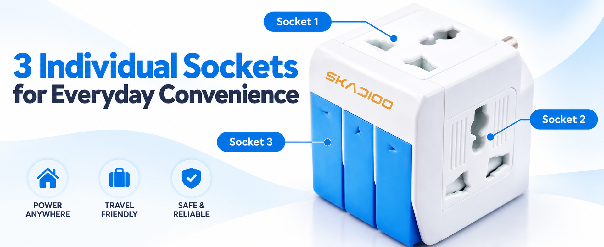 SKADIOO Universal Charger Adapter | 2 Years Warranty, 3-in-1, 5A - 250V | Adapter Charger, Universal Travel Adapter All in One, Multi Plug Adapter, Individual Switch and Fuse Protected (White, Blue)