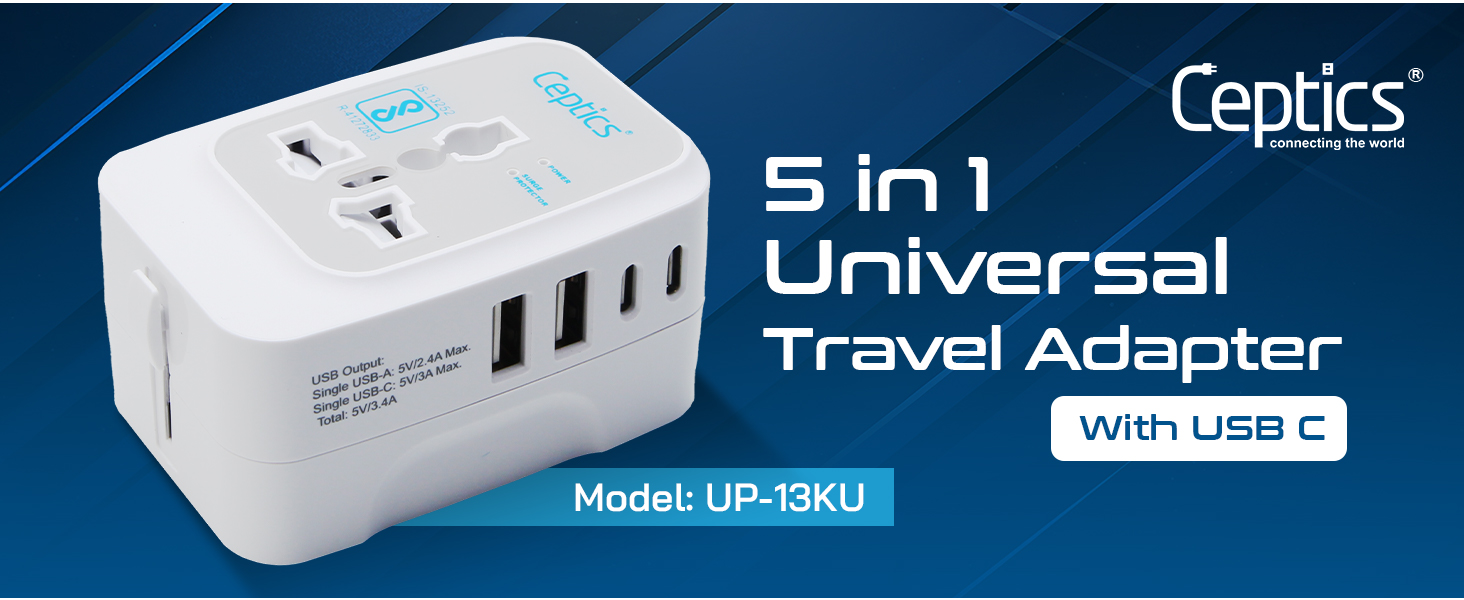 Ceptics Universal Charger Adapter, 5 in 1 Universal Travel Adapter with Type C, 17W Universal Travel Adapter All in One, Universal Travel Essentials with 2 USB A, 2 USB-C 3.4A Universal Adaptor, White