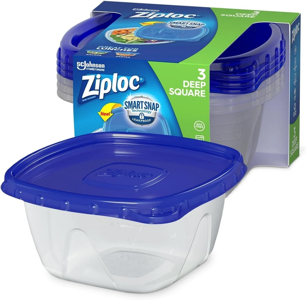 Ziploc Storage Containers with SmartSnap Technology, Deep Square, 1.25Q, 3 Pack